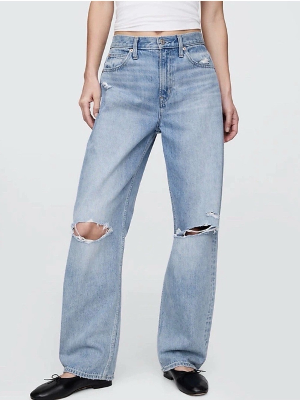 Gap High Rise Barrel Jeans 31 12s Womens Light Indigo Blue Destroy